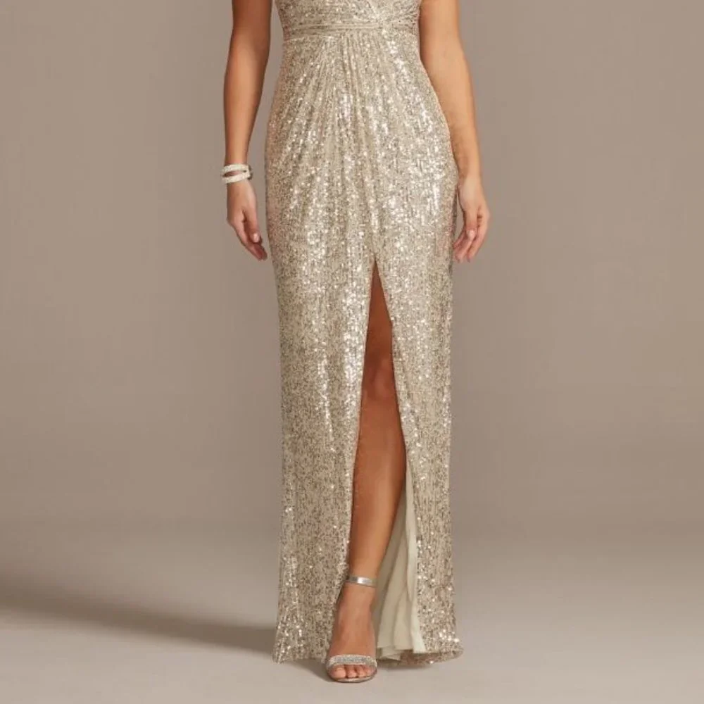 David's Bridal Exclusive- Allover Sequin Pleated V-Neck Gown with Slit Size 6 - Picture 9 of 11